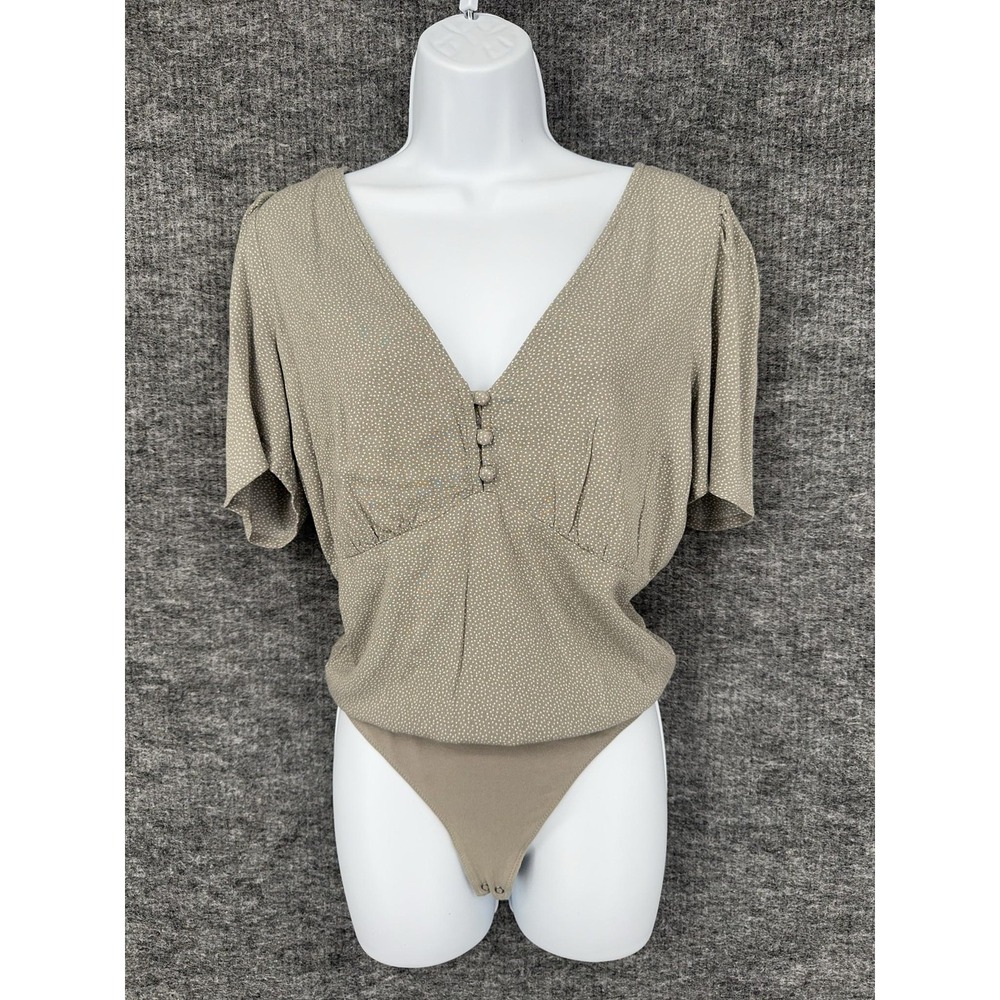 Abercrombie & Fitch Bodysuit Womens M Gray Green Polka Dot V Neck Button Front
